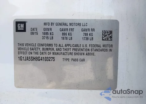 2016 Chevrolet Sonic Ls Auto z USA, uszkodzony, nr VIN 1G1JA5SH8G4103275